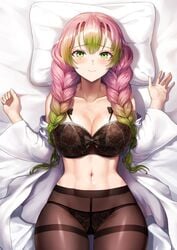 abs alternate_costume bed bed_sheet bedroom_eyes black_bra black_panties blush bra braid braided_hair breasts cleavage curvy demon_slayer female greem_bang green_eyes haori happy imminent_sex kanroji_mitsuri kimetsu_no_yaiba large_breasts lingerie looking_at_viewer navel panties pantyhose pillow pink_hair pov see-through smile solo stomach thighband_pantyhose toned twin_braids wide_hips