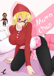 1girls angry aoitamon artist_signature beanie bed bed_sheet bent_over big_breasts black_glasses black_legwear black_pants blonde_hair breasts buttons clothed clothed_female clothing collared_shirt crop_top female female_only glasses hat legwear long_sleeves looking_at_viewer medium_hair momo_(aoitamon) on_knees original_character pale-skinned_female pale_skin pants pillow pillows pink_shirt red_beanie red_eyes red_hat red_shirt red_sleeves roblox roblox_avatar short_hair shorts skirt sleeves solo solo_female tied_shirt white_shirt yellow_hair