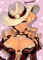 blonde_hair blue_eyes breasts choker cleavage cleavage_cutout corset cowboy_hat curly_hair english_text epaulettes erect_nipples female hand_on_hip hat heart juliona_trans lace lace-trimmed_bra large_breasts long_hair looking_at_viewer optionaltypo solo wild_wet_west