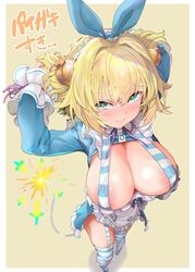 +_+ absurdres apron areola_slip areolae bangs blonde_hair blue_eyes blue_hair blue_legwear blue_ribbon blue_skirt blush bombergirl border breasts closed_mouth female from_above fuse grenade_hair_ornament hair_ribbon halter_top halterneck highres large_areolae large_breasts lit_fuse long_sleeves looking_at_viewer looking_up maid_headdress multicolored_hair official_alternate_costume perspective pine_(bombergirl) pine_(wonderland)_(bombergirl) ribbon sharekoube short_hair shrug_(clothing) skirt smile striped striped_legwear thighs two-tone_hair two_side_up tying_hair waist_apron white_border yellow_background yellow_pupils