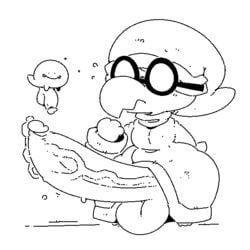 1:1 balls big_head big_penis black_and_white bodily_fluids boo_(mario) clothed clothing digital_media_(artwork) duo eyewear fully_clothed genital_fluids genitals glasses hat headgear headwear kamek male male_only mario_(series) monochrome nintendo non-human penis precum robe sailewder solo_focus sweat teapot_(body_type) toony vein veiny_penis video_games