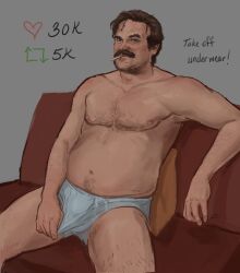 actor bear_(body_type) blank_background body_hair brown_hair celebrity chest_hair cigarette couch_sitting dad_bod david_harbour dilf english_text facial_hair hairy human jim_hopper looking_at_viewer male male_nipples male_only manly masculine mature_male mustache nipples sitting sitting_on_couch solo topless topless_male twitter_ui underwear_only