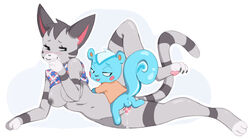 1boy 1girls 2020 3_fingers 3_toes animal_crossing animal_genitalia animal_penis anthro anthro_on_anthro anus areola backsack balls big_breasts blue_body blue_fur blush bodily_fluids bottomless breasts cheek_spots claws clothed clothing clothing_lift curled_tail domestic_cat duo erection eyelashes felid feline felis female filbert_(animal_crossing) fingers fur furry furry_only genital_fluids genitals grey_body grey_fur hair larger_female leg_glider_position lolly_(animal_crossing) looking_back lying male male/female mammal moshi_chan mostly_nude narrowed_eyes navel nintendo nipples on_side pawpads penis perched precum precum_drip pussy raised_leg rodent sciurid sex shirt shirt_lift size_difference small_dom_big_sub smaller_male smile straight stripes tail toe_claws toes topwear video_games