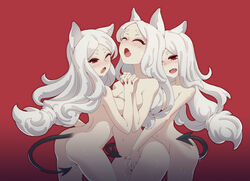 3girls absurdres animal_ears assisted_masturbation black_tail blush breasts cerberus_(helltaker) closed_eyes demon_tail dog_ears fingering group_sex helltaker highres huge_filesize joker.z long_hair midriff multiple_girls nude oerba_yun_fang open_mouth pussy_juice red_eyes sex silver_hair sweat tail threesome very_long_hair yuri