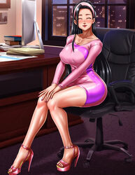 1girls closed_eyes dress foxyart guila high_heels legs minidress nanatsu_no_taizai office office_lady pencil_dress pink_dress pink_heels seven_deadly_sins sitting sitting_on_chair smile tight_clothing tight_dress