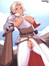 1girls alternate_breast_size alternate_version_available armor big_breasts blonde_hair blue_eyes breasts catherine_(fire_emblem) color dark-skinned_female dark_skin female fire_emblem fire_emblem:_three_houses knight large_breasts lumarianne20 nintendo pubic_tattoo pussy sword wooden_sword