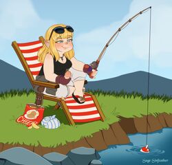 blonde_hair blue_eyes breasts chair cleavage dwarf fishing fishing_rod futanari gloves jean_shorts legs_crossed long_hair masturbation necklace penis pointy_ears sagesinfeather sandals shirt sitting sunglasses sunglasses_on_head