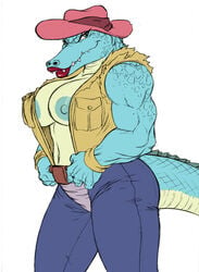 alligator anthro bare_shoulders blue_skin breasts busty chochi cleavage crocodile crossgender edit furry green_eyes hat large_breasts leatherhead lipstick looking_at_viewer muscles muscular muscular_female nipples red_lipstick rule_63 scales scalie sharp_teeth tail teenage_mutant_ninja_turtles third-party_edit