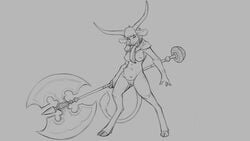 16:9 2020 anthro axe battle_axe big_breasts bovid bovine breasts cattle clothing fantasy_weapon female fighting_pose fur genitals giant_weapon grey_background hair holding_object holding_weapon hooves horn long_horn looking_at_viewer mammal melee_weapon monochrome nipples nude oversized_weapon pose pussy simple_background solo standing tail_tuft teats tuft udders watsup weapon widescreen