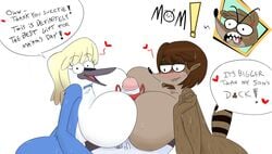 anthro barbera_(regular_show) big_breasts big_penis blush cheating cuckold dialogue diaslev_(artist) female ffm_threesome hilary_(regular_show) huge_breasts incest milf mordecai mordecai's_mom mother mother_and_son motherly_cuckold paizuri penis_between_breasts regular_show rigby rigby's_mom rigby_(regular_show) son threesome viciodamp