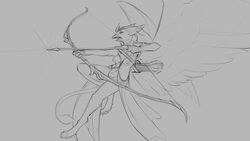 16:9 2020 anthro archery avian bow_(weapon) breasts clothing feathered_wings feathers female firing fur genitals grey_background gryphon holding_gun holding_object holding_weapon mammal monochrome mythological_avian mythology nipples nude pussy ranged_weapon simple_background solo watsup weapon widescreen wings