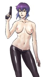 1girls azasuke breasts casual contrapposto cyborg female female_only firearm ghost_in_the_shell gun handgun holding holding_gun holding_weapon human kusanagi_motoko large_breasts light-skinned_female light_skin medium_breasts navel nipples pale_skin pistol purple_hair red_eyes shiny shiny_clothes short_hair solo topless trigger_discipline weapon white_background