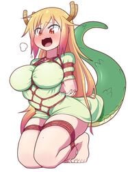 arms_behind_back bagelbomb barefoot big_breasts bondage breasts clothed dragon_girl embarrassed female female_only femsub green_scales horn miss_kobayashi's_dragon_maid orange_eyes orange_hair red_rope rope rope_bondage tail thick_thighs tohru_(dragon_maid)