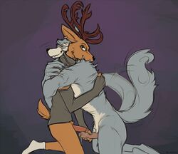 anthro anthro_on_anthro antlers beastars bottomless brown_body brown_fur canid canine canis cervid cervine clothed clothing duo ear_piercing ear_ring embracing fluffy fluffy_tail foreskin frottage fur genitals grey_body grey_fur handjob horn humanoid_genitalia humanoid_penis kneeling lawyerdog legoshi_(beastars) legwear louis_(beastars) male male/male male_only mammal nude partially_retracted_foreskin penile penis penis_grab piercing red_deer sex side_view socks uncut wolf