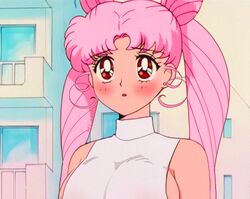 aged_up big_breasts bishoujo_senshi_sailor_moon blush breasts chibi_usa clothing double_bun edit edit_by_jae female female_only jae_dream large_breasts long_hair medium_breasts on_model pink_hair red_eyes sideboob sleeveless solo style_parody tight_clothing turtleneck twintails