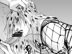 diavolo fellatio fishnets gay hair_pull ichimoku jojo's_bizarre_adventure lipstick long_hair male male_only oral_sex runny_makeup vento_aureo yaoi