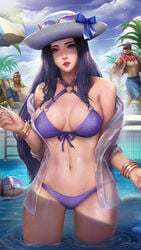 1girls big_breasts bikini blue_eyes blue_hair breasts caitlyn_kiramman cameltoe cleavage female hat large_breasts league_of_legends lee_sin looking_at_viewer pool pool_party_caitlyn pool_party_lee_sin pool_party_series pool_party_ziggs solo_focus sunglasses_on_head sweat wet windwalker ziggs