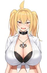 1girls big_breasts black_bra blonde_hair bra bra_cups_sticking_out bra_visible_through_clothes breasts cleavage clothing collar female female_only gyaru haks huge_breasts kirome_(kamipaper) large_breasts long_hair looking_at_viewer necklace necklace_between_breasts original_character saaya_(kirome) simple_background solo solo_female tagme tied_shirt tongue twintails virtual_youtuber voluptuous white_background white_shirt yellow_eyes