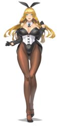 :d animal_ears black_gloves black_legwear blonde_hair blue_eyes breasts bunny_ears bunny_girl bunnysuit cleavage corset damegane detached_collar erect_nipples erect_nipples_under_clothes fake_animal_ears female full_body gloves high_resolution huge_breasts lingerie long_hair looking_at_viewer nipples open_mouth original pantyhose simple_background smile solo teeth underwear very_high_resolution victoria_(damegane) white_background