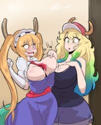 2girls amhidden breast_expansion breasts cleavage dragon dragon_girl female female_only horns huge_breasts maid maid_uniform miss_kobayashi's_dragon_maid multicolored_hair quetzalcoatl_(dragon_maid) tohru_(dragon_maid) yuri