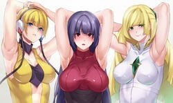 3girls armpits blonde_hair blue_eyes blush breasts elesa_(pokemon) elesa_(pokemon_bw) eye_contact female female_only headphones hikari_(komitiookami) human long_hair looking_at_viewer lusamine_(pokemon) mature_female multiple_girls nintendo pokemon pokemon_bw pokemon_rgby pokemon_sm purple_hair red_eyes sabrina_(pokemon) short_hair