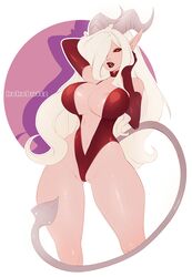 1girls areola_slip bare_legs big_breasts breasts cleavage female female_only horns kokobuttz large_breasts long_hair looking_at_viewer plunging_neckline red_eyes solo solo_female thighs very_long_hair white_hair