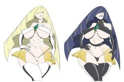 2girls abs aether_foundation alternate_breast_size alternate_hair_color alternate_outfit armwear belly big_breasts black_hair black_lips black_lipstick blonde_hair blonde_highlights breasts clothed clothing comparison curvy_figure deviantart elbow_gloves evil_grin eye_contact female fit gloves green_eyes grin hair hair_over_eye hair_over_one_eye half-closed_eyes hand_on_hip hand_on_thigh handwear highlights_(coloring) huge_breasts human hybrid legwear lips lipstick long_hair looking_at_viewer lusamine_(pokemon) makeup mammal mature_female midriff navel nihilego nintendo nipple_outline one_eye_obstructed pokemon pokemon_sm skimpy slb smile standing thick_thighs thigh_highs thong translucent translucent_clothing underboob underwear video_games voluptuous white_legwear wide_hips yellow_eyes yellow_lips yellow_lipstick