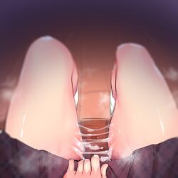 blurry blurry_background close-up female female_only female_pov hi_res highres kneehighs looking_down lower_body minamoto miniskirt original pov pussy_juice pussy_juice_trail shiny shiny_skin sitting skirt socks solo solo_female steam steaming_body thighs