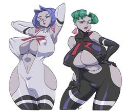 2girls alternate_breast_size alternate_outfit armwear bad_anatomy big_breasts blue_eyeshadow blue_hair breasts butch_(pokemon) cleavage clothed clothing curvy_figure duo ear_piercing elbow_gloves eye_contact eyeshadow female futanari gloves green_eyeshadow green_hair hair half-closed_eyes hand_on_hip hands_behind_head handwear huge_breasts human james_(pokemon) kosaburou_(pokemon) looking_at_viewer makeup mammal mtf_crossgender navel nintendo nipple_outline one_eye_closed piercing pokemon pokemon_rgby pose rule_63 short_hair simple_background skimpy slb team_rocket thick_thighs video_games voluptuous white_background wide_hips wink