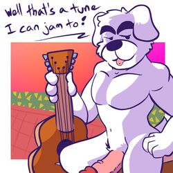 1:1 animal_crossing anthro canid canine canis dialogue digital_media_(artwork) domestic_dog erection fizzyjay fur genitals hi_res k.k._slider looking_at_viewer male male_only mammal musical_instrument nintendo nude penis smile solo video_games