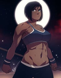 1girls abs avatar_legends bangs black_hair blue_eyes bra breasts brown_skin cleavage clenched_hands closed_mouth clothed clothed_female clothes clothing collarbone dark-skinned_female dark_hair dark_skin eyebrows eyelashes female female_only fit fit_female fitness focused full_moon hips holding_object human human_only korra lips looking_to_the_side medium_breasts midriff moon moonlight muscles muscular muscular_arms muscular_female navel night night_sky pout pouting serious serious_look short_hair signature sky smooth_skin solo solo_female sports_bra standing star starry_sky stomach straight_hair sweat sweatband the_avatar the_legend_of_korra tomboy toned toned_female toned_stomach triplexmile uncensored water_tribe wristband