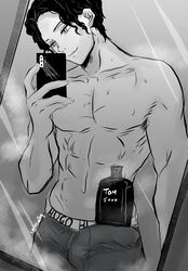 bulge demon_slayer katokathy kimetsu_no_yaiba male male_only mirror mirror_selfie monochrome muscular muscular_male muzan_kibutsuji selfie shampoo_challenge slit_pupils smile solo underwear underwear_only