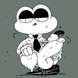 1:1 aliasing amphibian anthro balls belt big_balls big_penis black_and_white bodily_fluids bottomless clothed clothing digital_media_(artwork) frog full-length_portrait genitals green_background half-closed_eyes low_res male male_only monochrome name_tag narrowed_eyes necktie pants_down partially_clothed penis portrait sailewder simple_background solo spot_color sweat thick_thighs toony