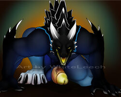 4_fingers 4_toes anthro balls big_claws big_feet big_penis black_body black_claws black_skin blue_balls blue_body blue_skin bodily_fluids claws dragon english_text fangs feet fingers front_view genitals hands_on_floor horn humanoid_genitalia humanoid_penis kneeling male male_only markings narrowed_eyes open_mouth penis saliva saliva_drip scalie signature simple_background solo spikes teeth text toes tongue vein veiny_penis watermark white_body white_horn white_markings white_skin whiteleech yellow_eyes yellow_penis yellow_tongue