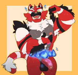 2020 anthro arm_hair armpit_hair balls bara bodily_fluids body_hair chest_hair circumcised facial_piercing fan_character fire flaccid flexing genitals hi_res humanoid_genitalia humanoid_penis incineroar kiba24 looking_at_viewer male male_only muscular muscular_anthro muscular_male neck_tuft nintendo nipples nose_piercing nose_ring nude one_eye_closed open_mouth open_smile penis piercing pokemon simple_background smile solo standing sweat tuft video_games