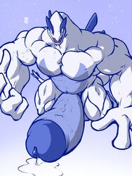 3:4 anthro big_muscles big_penis cum_leaking fist genitals hi_res huge_cock huge_muscles hyper hyper_genitalia hyper_muscles hyper_penis legendary_pokémon looking_at_viewer lugia male muscular nintendo penis pokemon pokemon_(species) shenaniwhagons solo video_games