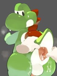 after_sex anus backsack balls bodily_fluids cum cum_in_ass cum_inside disembodied_hand gaping gaping_anus genital_fluids genitals hi_res looking_back male mario_(series) masshiro nintendo penis sweat touching_anus video_games yoshi yoshi_(character)