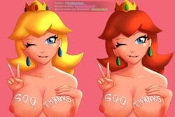 2girls areolae big_breasts blonde_hair blue_eyes brown_hair cum female female_only mario mario_(series) multiple_girls nintendo peace_sign princess princess_daisy princess_peach thekaosdark writing