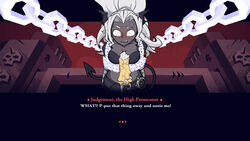 1girls blush bondage captured chained cream dark_skin demon demon_girl demon_tail female female_only grey_skin helltaker horns judgement_(helltaker) looking_down pancake ponytail shocked surprised sweatdrop tail white_eyes white_hair zlasova