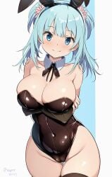 arms_under_breasts big_breasts black_bowtie black_legwear blue_eyes blue_hair blush bowtie breasts bunny_ears bunny_girl bunnysuit collar crossed_arms hair_ornament hi_res highres huge_breasts large_breasts latex latex_clothing latex_suit looking_at_viewer magia_record:_mahou_shoujo_madoka_magica_gaiden mahou_shoujo_madoka_magica minami_rena nagare_(flow) navel plump plump_thighs pussy pussy_bulge smiling smiling_at_viewer tagme thick_thighs thighhighs thighs twintails