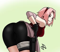 1girls big_breasts female huge_ass looking_at_viewer naruto naruto_shippuden omarsin pink_hair posing sakura_haruno smile solo