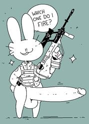 2020 aliasing anthro aug balls big_penis black_and_white clothing dialogue digital_media_(artwork) domestic_rabbit english_text fluffy fluffy_tail full-length_portrait genitals green_background gun holding_weapon huge_cock humor hyper hyper_genitalia hyper_penis lagomorph leporid long_ears long_penis male male_only mammal military_uniform monochrome oryctolagus penis portrait rabbit ranged_weapon rifle sailewder simple_background solo sparkles speech_bubble spot_color standing steyr steyr_aug text toony topwear uniform vest weapon whiskers