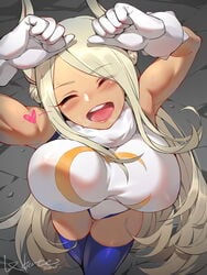 1girls big_breasts blush breasts bunny_ears cleavage closed_eyes dark-skinned_female dark_skin female female_only gloves heart hero_outfit_(mha) large_breasts long_hair lxkate miruko muscles muscular muscular_female my_hero_academia open_mouth rabbit_ears rabbit_humanoid rumi_usagiyama solo thighhighs uncensored white_hair