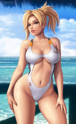 1girls big_breasts blonde_hair female female_only flowerxl long_hair mature_female mercy one-piece_swimsuit overwatch solo solo_female solo_focus swimsuit