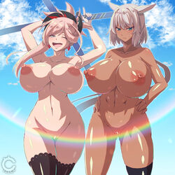 2girls abs alternate_breast_size big_nipples blue_eyes breasts caenis_(fate) cilica dark-skinned_female dark_skin exhibitionism fate/grand_order fate_(series) huge_breasts large_breasts looking_at_viewer miyamoto_musashi_(fate) naked nipples pink_hair rainbow silver_hair smile thick_thighs thighhighs wink winking_at_viewer