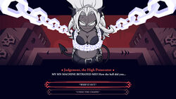 1boy 1girls angry bondage breasts captured chained cleavage dark_skin demon demon_girl demon_tail female grey_skin hair helltaker helltaker_(character) horns judgement_(helltaker) long_hair looking_at_viewer ponytail tail text text_box white_hair zlasova