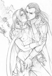 2boys cape chrono_trigger elf gay glenn gloves hannya kissing lineart long_ears long_hair magus male_chest male_nipples male_on_male male_only monochrome outside pencil_(artwork) sketch tagme undressing yaoi