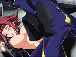 aquamu blush boots breasts code_geass headband helmet high_heels kallen_stadtfeld leg_lift leg_raise lelouch_lamperouge missionary pointy_chin red_hair shoes thighhighs yamagarasu zero_(code_geass)