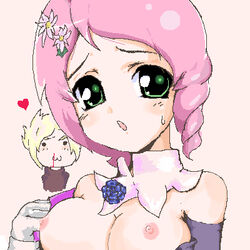 1boy 1girls 2d alisa_bosconovitch artist_request bandai_namco bleeding blush breasts breasts_out female flower_in_hair green_eyes hair_flower hair_ornament hearts_around_head huge_eyes lars_alexandersson male nipples pink_hair short_hair tekken worried