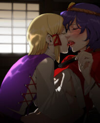 2girls blush breast_grab breasts closed_eyes female fugi_jis kanako_yasaka kissing multiple_girls realistic suwako_moriya tongue touhou yuri